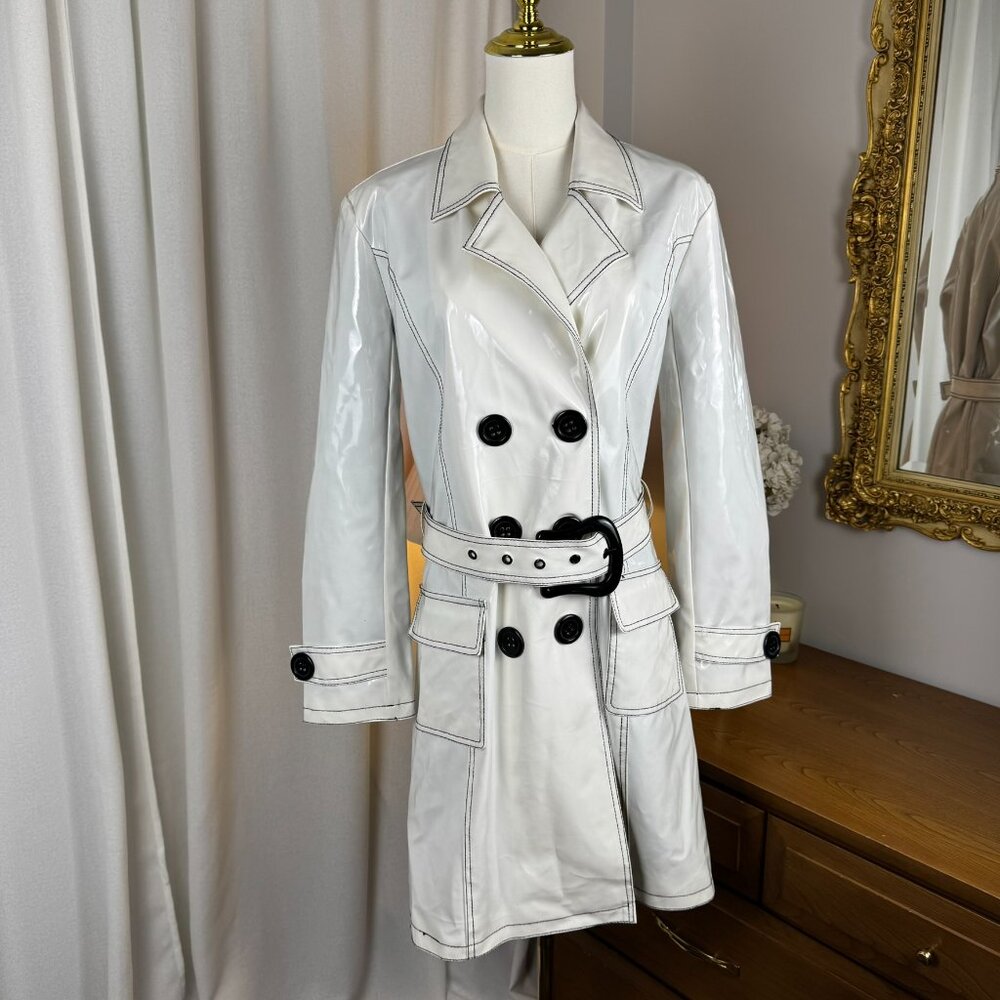 VTG Y2K White Glossy PVC Vinyl Style Faux Patent Buckled Trench Coat sz Large